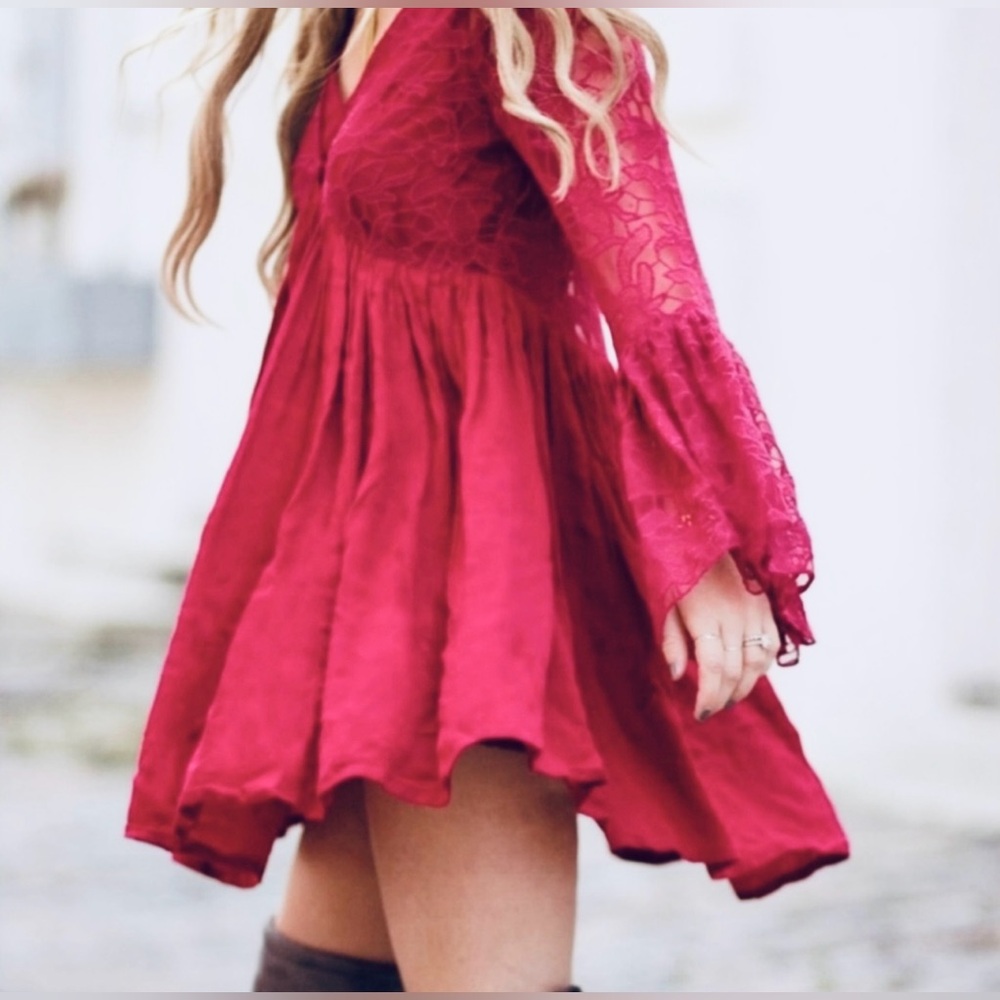 Free People With Love From India Bell Sleeve Crochet Lace Mini Boho - Picture 9 of 16